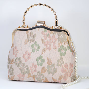 Peach Floral Immersive Gold Embroidered Fabric Floral Bridal Wedding Bag, Statement Bag, Evening Wedding Clutch, Cross Body Bag